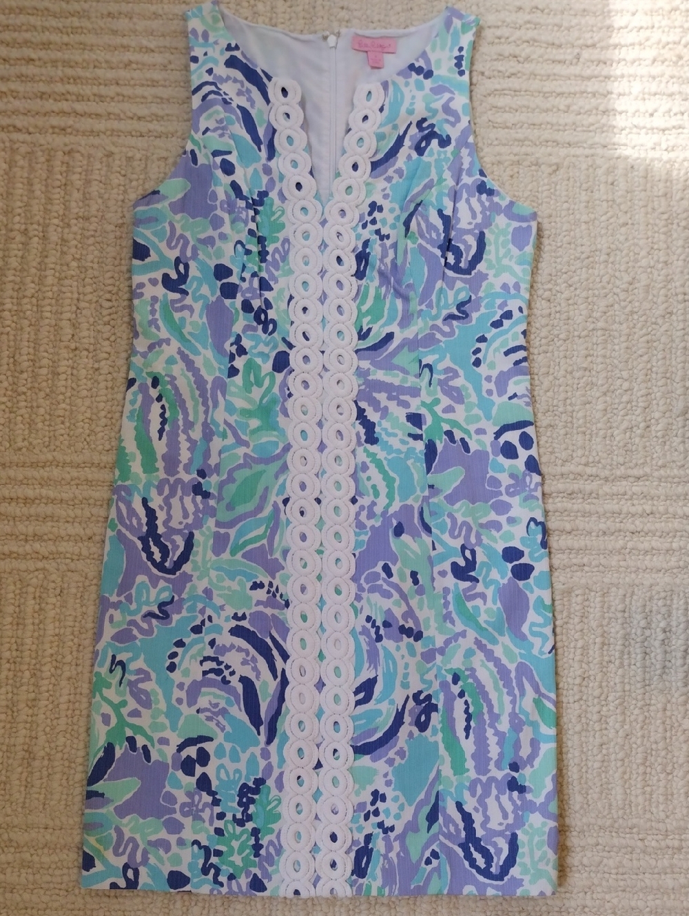 Lilly Pulitzer Purple, Aqua, White Printed Dress with Crochet Trim
